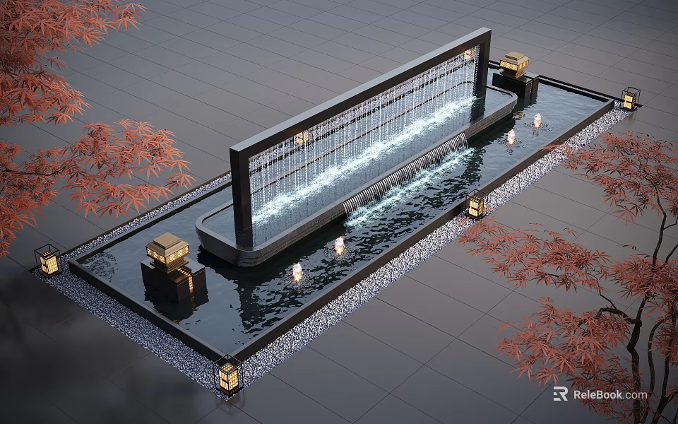 Modern Water Fountain With Waterfall Wall Black Base Surrounding Pool Lights And Red Maple Trees 3d model 