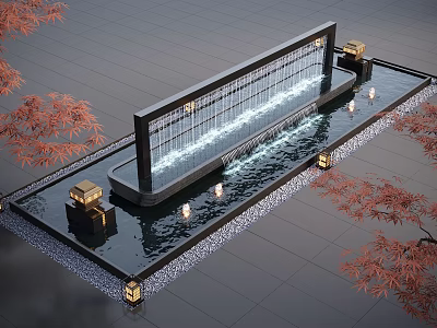 Modern Water Fountain With Waterfall Wall Black Base Surrounding Pool Lights And Red Maple Trees 3d model