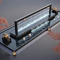 Modern Water Fountain With Waterfall Wall Black Base Surrounding Pool Lights And Red Maple Trees