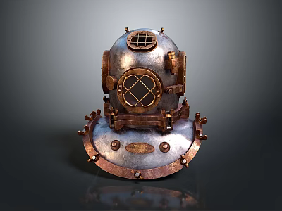 Vintage Brass Diving Helmet With Circular Glass Window And Ornate Metal Details 3d model