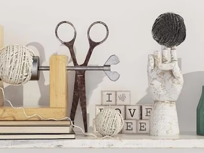 Vintage Decorative Ornament Set With Scissors Yarn Ball Wooden LOVE Letters Hand Sculpture And Books 3d model