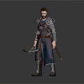 Medieval Warrior Man in Blue Full Armor Holding Bow and Sword