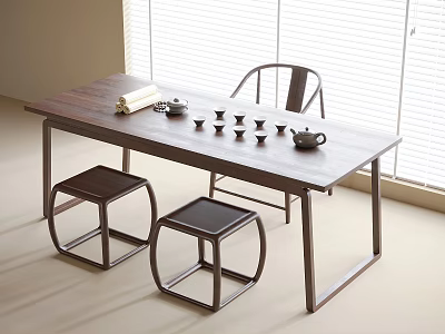 Modern Wooden Tea Table and Chairs With Tea Set in Bright Room With Window Blinds 3d model