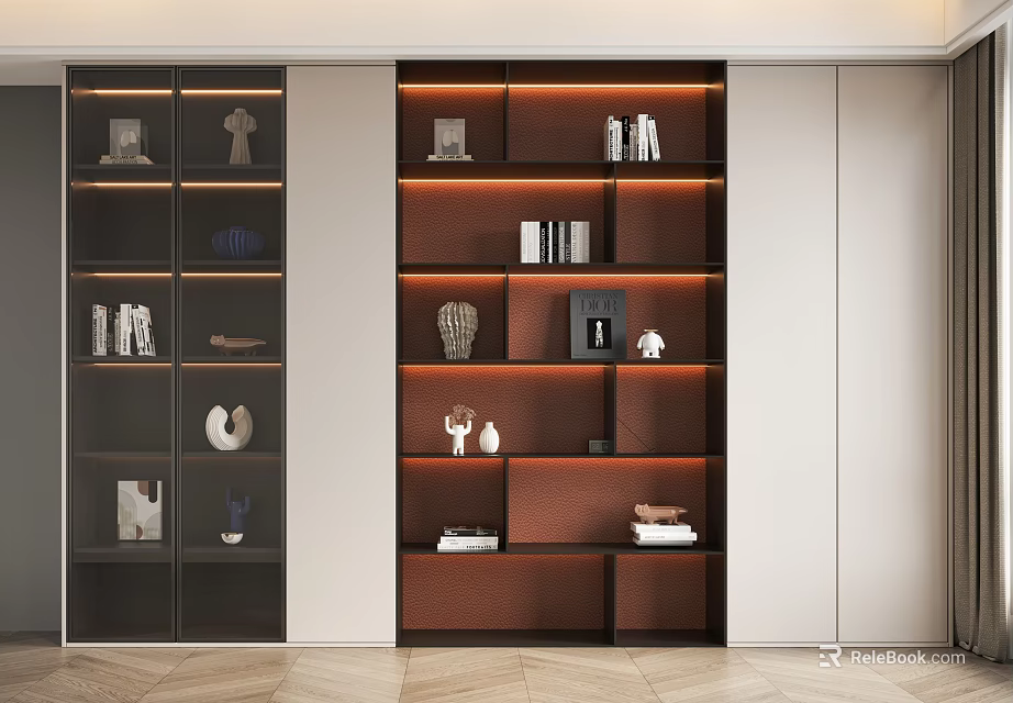 Elegant Modern Bookcase With Layered Shelves Built-in Lighting And Decorative Accents 3d model 