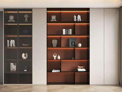 Elegant Modern Bookcase With Layered Shelves Built-in Lighting And Decorative Accents 3d model