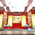 Chinese Style Stage Decorated With Hanging Lanterns Landscape Painting Red Carpet Golden Pillars And Mist