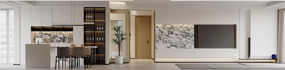 Modern Elegant Dining Living Room Interior With Marble Wall Indoor Plant And Wooden Door 3d model 