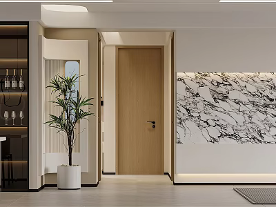Modern Elegant Dining Living Room Interior With Marble Wall Indoor Plant And Wooden Door 3d model