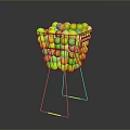 Metal Basket With Yellow Tennis Balls And Red Label On Metal Stand