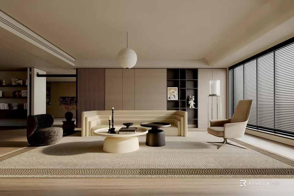 Modern Living Room Interior With Beige Sofa Round Coffee Table Light Wood Flooring And Rug 3d model 