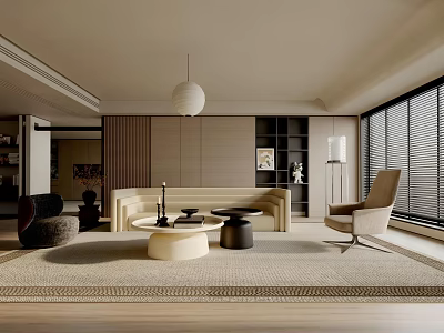 Modern Living Room Interior With Beige Sofa Round Coffee Table Light Wood Flooring And Rug 3d model