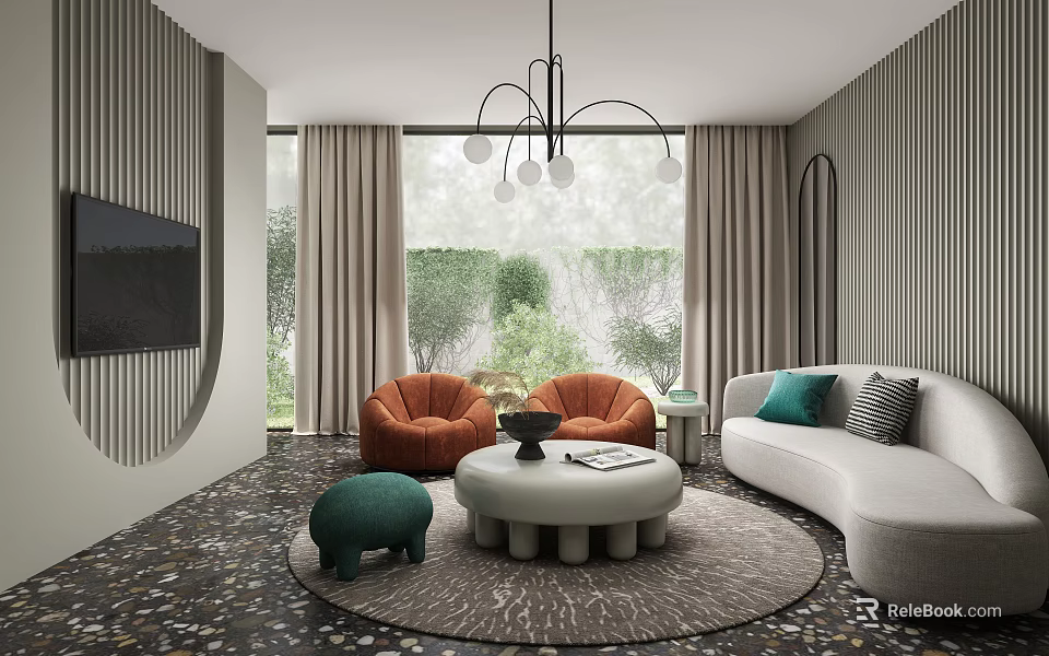 Modern Living Room Interior With Curved Sofa Orange Armchairs Round Coffee Table And Large Windows 3d model 