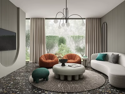 Modern Living Room Interior With Curved Sofa Orange Armchairs Round Coffee Table And Large Windows 3d model