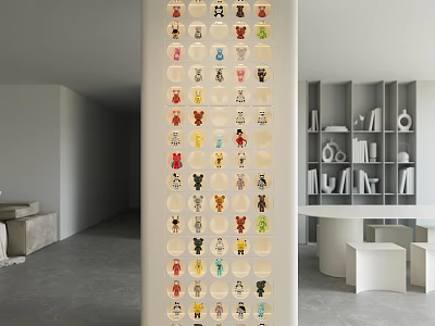 Stylish Figure Cabinet Displaying Diverse Collectible Figures On Grid Shelves Modern Living Room 3d model
