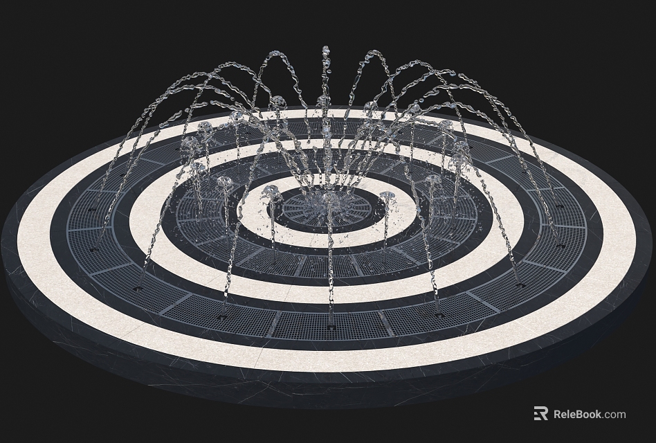 Circular Fountain With Concentric White And Black Rings Multiple Water Jets Spraying Upwards 3d model 