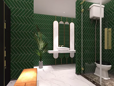 Modern Public Restroom With Green Tiled Walls Mirror Washbasin Toilet Plant And Marble Floor 3d model