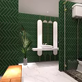 Modern Public Restroom With Green Tiled Walls Mirror Washbasin Toilet Plant And Marble Floor