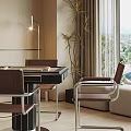 Modern Hotel Mahjong Room With Wooden Walls Landscape Painting And Black Table Chairs