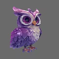 Purple Owl Toy With Big Eyes Pink Ears And Purple White Feathers Light Blue Background