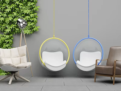 Modern Hanging Chairs With Yellow Blue Frames White Seats Against Gray Wall By Green Plants 3d model