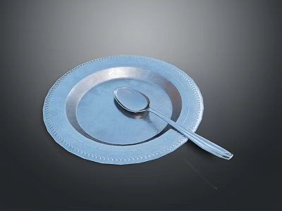 Blue Plate With Decorative Edge And Silver Spoon For Daily Household Use 3d model