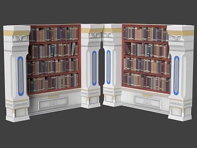 Classic Bookshelf Interior Design With White Columns Blue Accents And Multi-layer Shelves 3d model