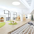 Kindergarten Indoor Activity Space With Bookshelves Playhouse Green Plants And Round Tables