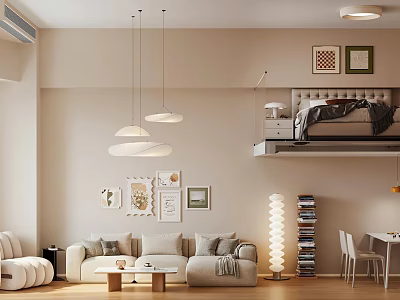 Modern Living And Dining Room Interior With Pendant Lights Sofa Coffee Table And Decorative Paintings 3d model
