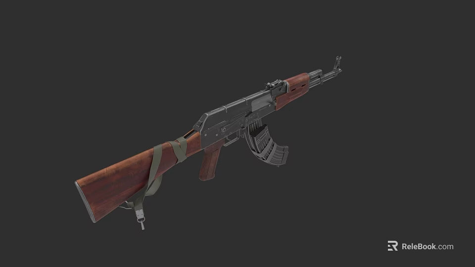 AK47 Assault Weapon With Wooden Stock Black Body And Green Strap 3d model 