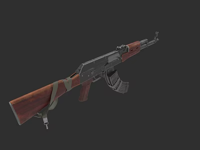 AK47 Assault Weapon With Wooden Stock Black Body And Green Strap 3d model