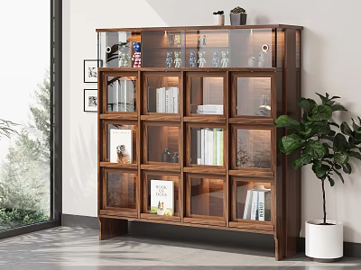 Bright Wooden Display Cabinet With Glass Door Compartments Books Decor Items Potted Plant And Window 3d model