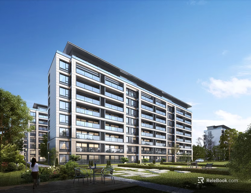 Modern Residential Building Exterior With Balconies And Greenery 3d model 