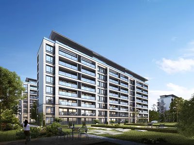 Modern Residential Building Exterior With Balconies And Greenery 3d model