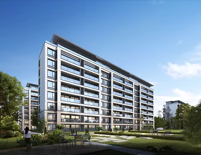 Modern Residential Building Exterior With Balconies And Greenery 3d model