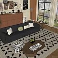 Modern Living Room Interior With Black Leather Sofa Coffee Table Throw Pillows And Geometric Rug