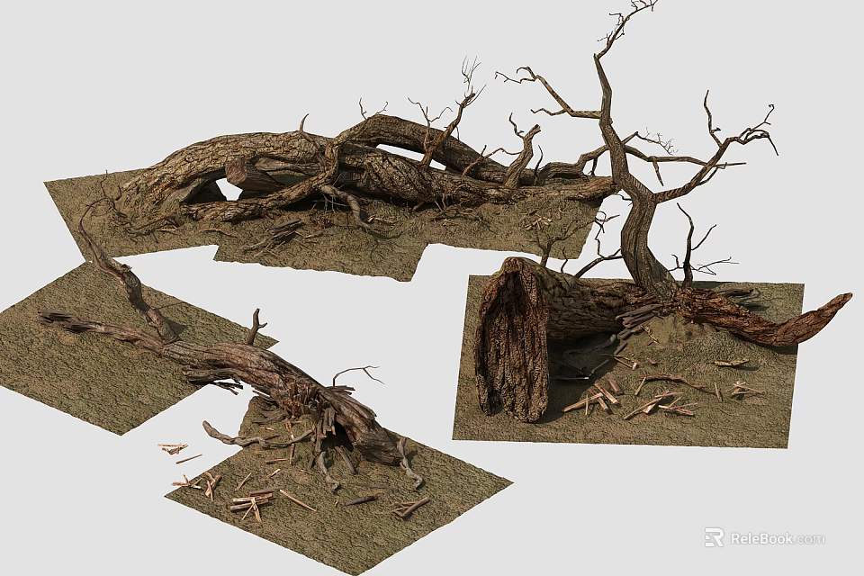 Natural Stone Wood Elements with Tree Trunks Branches and Roots in Outdoor Decor 3d model 