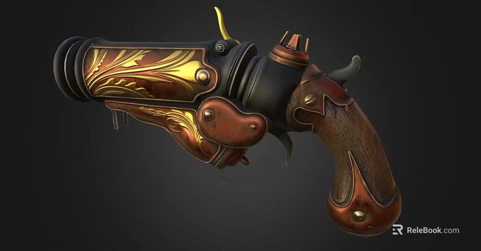 Ornate Steampunk Pistol with Gold Red Patterns Wooden Grip and Detailed Design 3d model 