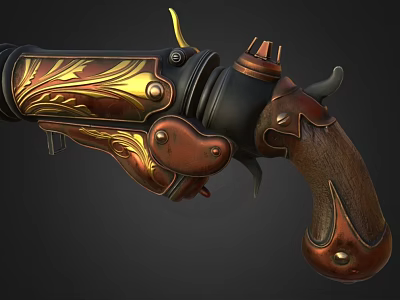 Ornate Steampunk Pistol with Gold Red Patterns Wooden Grip and Detailed Design 3d model