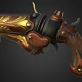 Ornate Steampunk Pistol with Gold Red Patterns Wooden Grip and Detailed Design