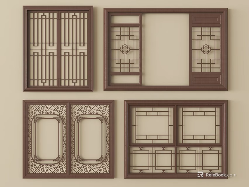 Traditional Carved Lattice Windows Featuring Various Decorative Patterns And Wooden Frames 3d model 