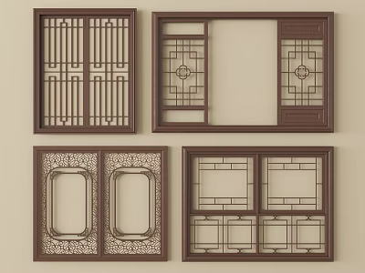 Traditional Carved Lattice Windows Featuring Various Decorative Patterns And Wooden Frames 3d model