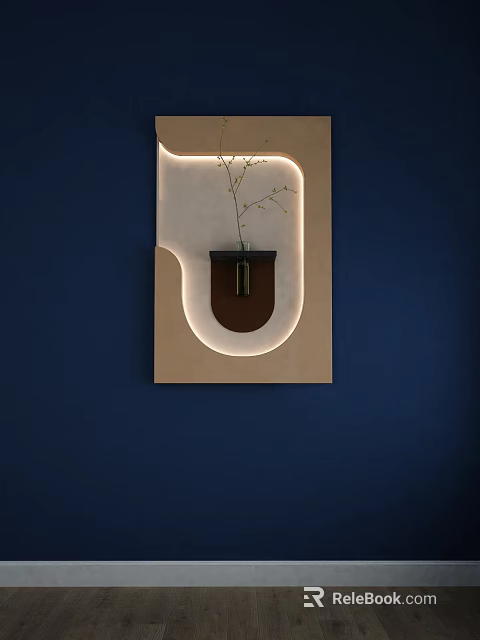 Modern Plant Art on Dark Blue Wall with Illuminated Frame and Slender Branches in Vase 3d model 