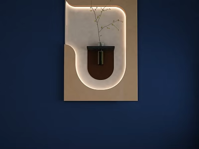 Modern Plant Art on Dark Blue Wall with Illuminated Frame and Slender Branches in Vase 3d model