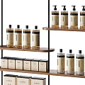 Modern Bathroom Accessories Display On Wooden Shelves 3d model