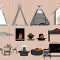 Decorative Hanging Tents with String Lights Outdoor Furniture Grill and Plants
