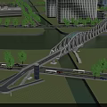 Modern Arch Bridge With Roadway And Railings Near Modern Buildings Trees And River