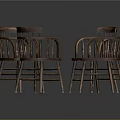 Four Vintage Wooden Chairs With Armrests Vertical Slat Back And Woven Seat
