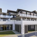 Modern Sales Office Building Architecture With Glass Facade And Balcony Design Exterior