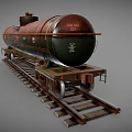 Industrial Railway Tank Car with Rusty Green Brown Exterior on Railroad Track and Ladder