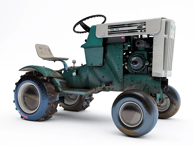 Vintage Green Tractor With Steering Wheel Seat And Large Muddy Wheels 3d model